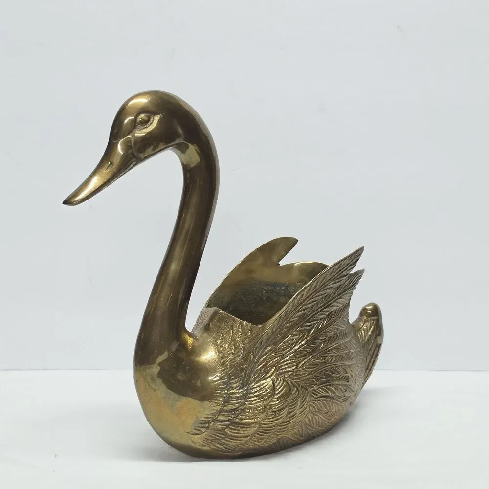 Vintage Cast Brass Swan Planter Mid-Century MCM 10 Inches Tall Made In Korea
